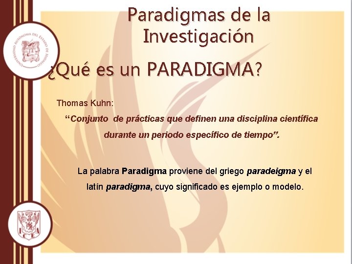 Paradigmas de la Investigación ¿Qué es un PARADIGMA? Thomas Kuhn: “Conjunto de prácticas que