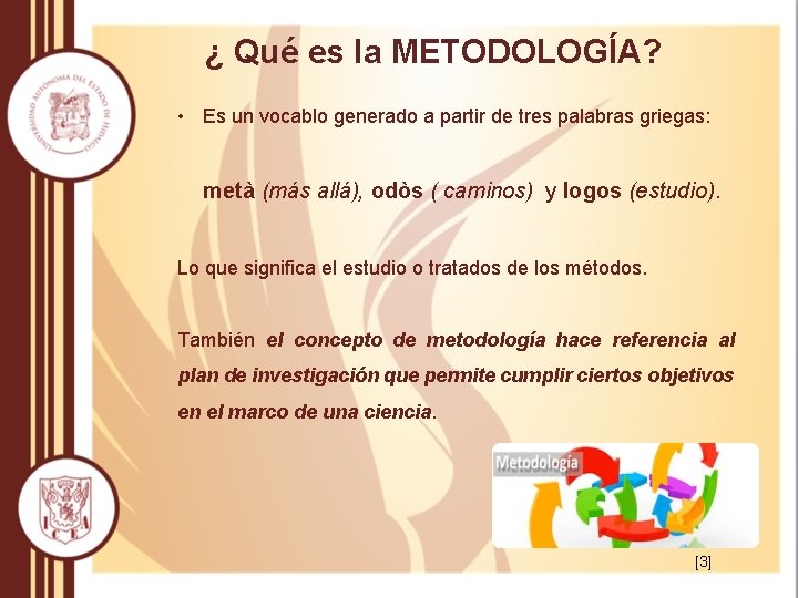 ¿ Qué es la METODOLOGÍA? • Es un vocablo generado a partir de tres