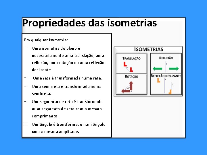 Propriedades das isometrias Em qualquer isometria: • Uma isometria do plano é necessariamente uma Propriedades das isometrias Em qualquer isometria: • Uma isometria do plano é necessariamente uma