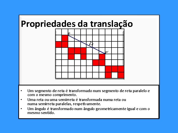Propriedades da translação P P’ • • • Um segmento de reta é transformado Propriedades da translação P P’ • • • Um segmento de reta é transformado