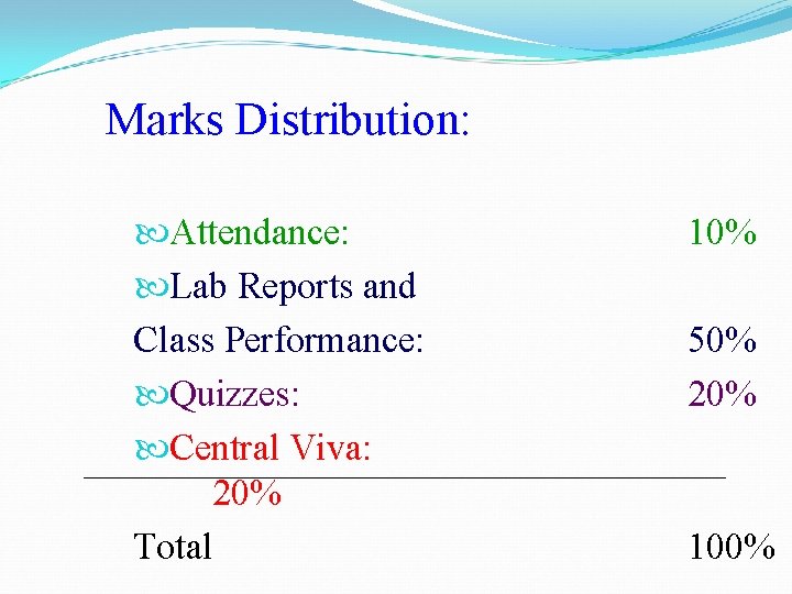 Marks Distribution: Attendance: Lab Reports and Class Performance: Quizzes: Central Viva: 20% Total 10%