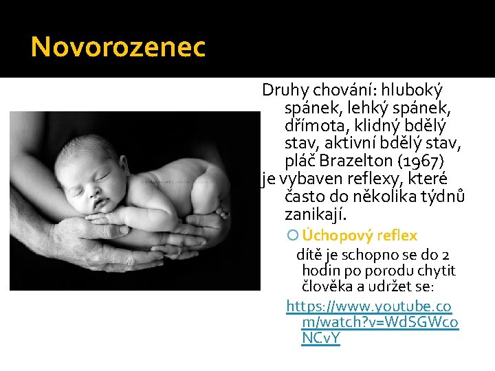 Novorozenec Druhy chování: hluboký spánek, lehký spánek, dřímota, klidný bdělý stav, aktivní bdělý stav,