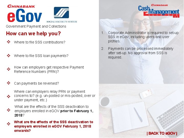 Government Payment and Collections How can we help you? 1. Corporate Administrator is required