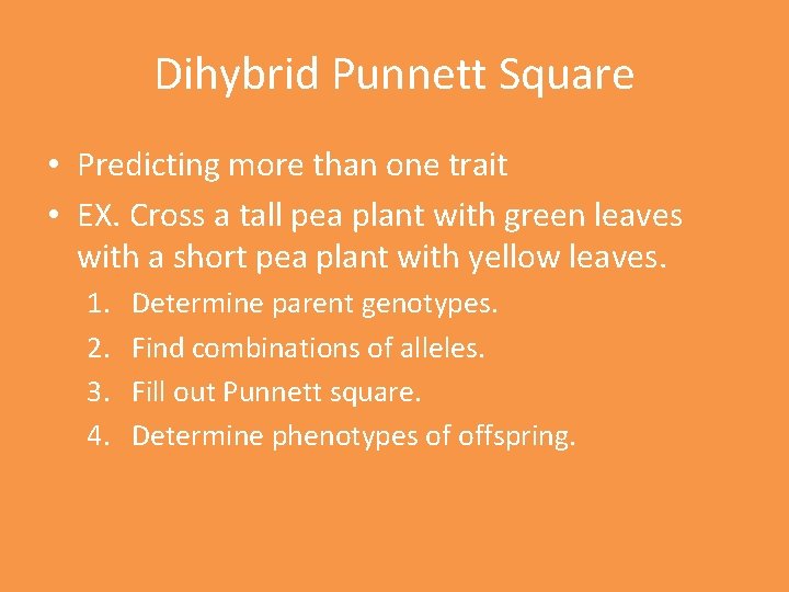 Dihybrid Punnett Square • Predicting more than one trait • EX. Cross a tall