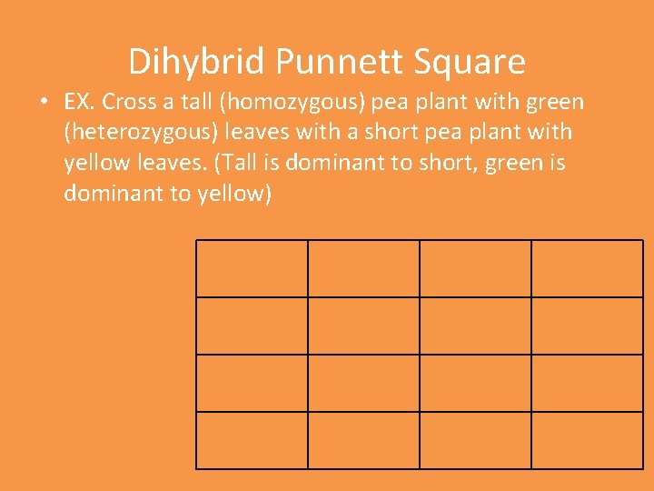 Dihybrid Punnett Square • EX. Cross a tall (homozygous) pea plant with green (heterozygous)