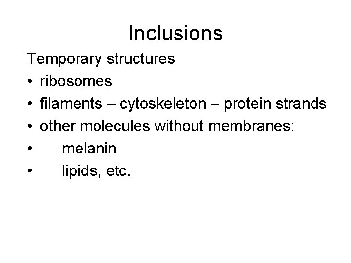 Inclusions Temporary structures • ribosomes • filaments – cytoskeleton – protein strands • other