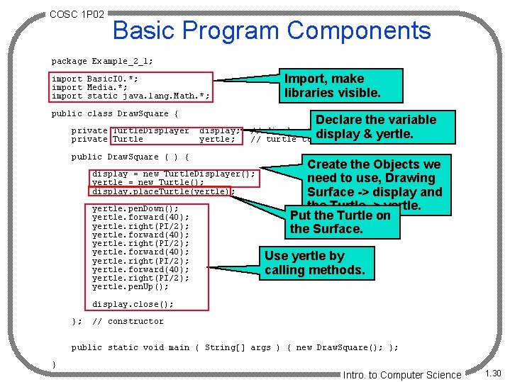 COSC 1 P 02 Basic Program Components package Example_2_1; Import, make libraries visible. import