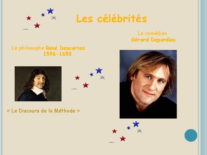 Les célébrités Le comédien Gérard Depardieu Le philosophe René Descartes 1596 -1650 « Le