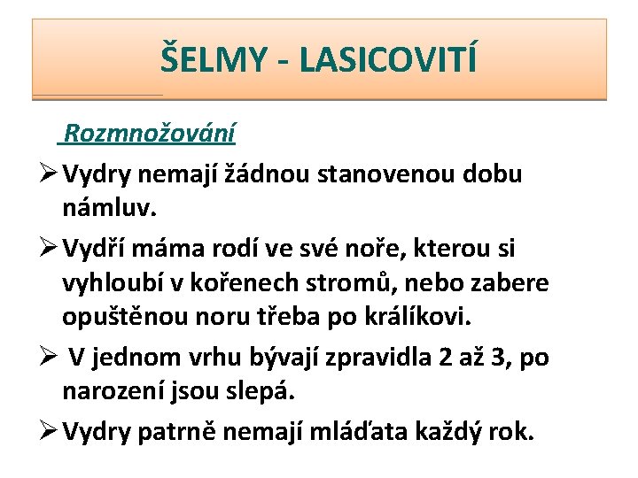 ŠELMY - LASICOVITÍ Rozmnožování Ø Vydry nemají žádnou stanovenou dobu námluv. Ø Vydří máma