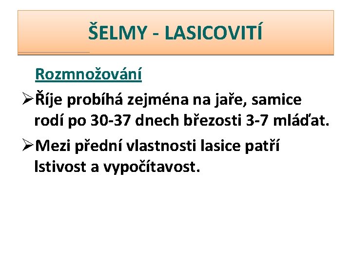 ŠELMY - LASICOVITÍ Rozmnožování ØŘíje probíhá zejména na jaře, samice rodí po 30 -37