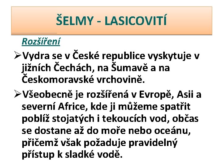 ŠELMY - LASICOVITÍ Rozšíření ØVydra se v České republice vyskytuje v jižních Čechách, na