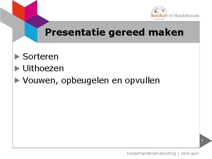 Presentatie gereed maken Sorteren Uithoezen Vouwen, opbeugelen en opvullen 3 Detailhandelsmarketing | Verkoper 