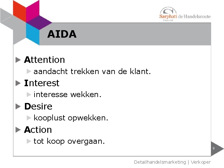 AIDA Attention aandacht trekken van de klant. Interest interesse wekken. Desire kooplust opwekken. Action