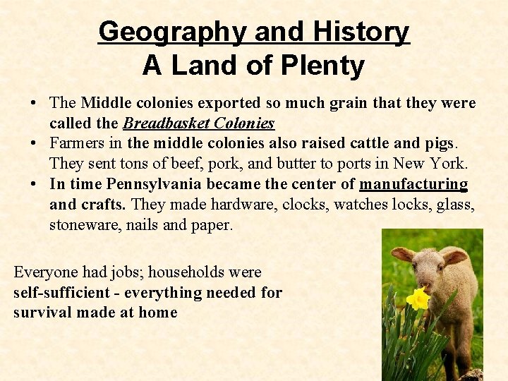 Geography and History A Land of Plenty • The Middle colonies exported so much