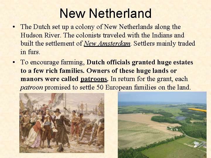 New Netherland • The Dutch set up a colony of New Netherlands along the