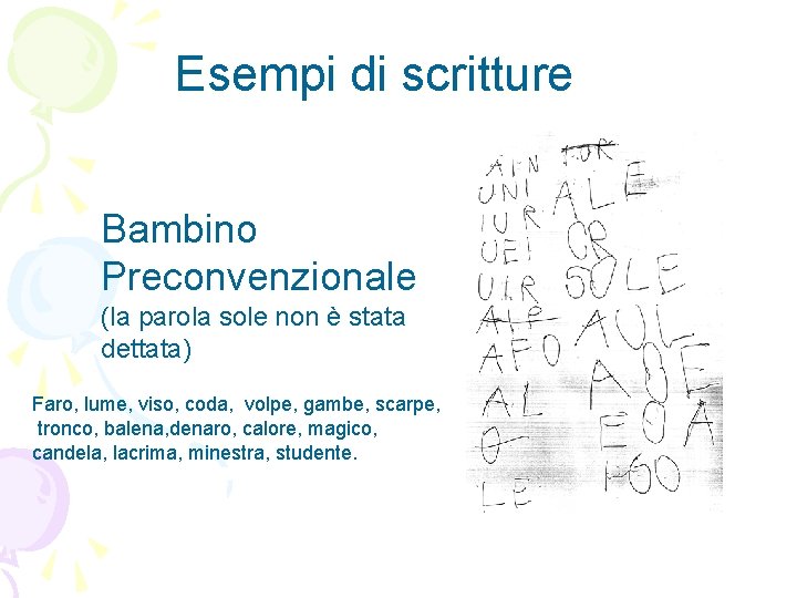 Esempi di scritture Bambino Preconvenzionale (la parola sole non è stata dettata) Faro, lume,