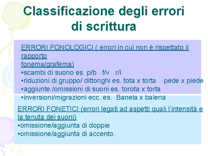 Classificazione degli errori di scrittura ERRORI FONOLOGICI ( errori in cui non è rispettato