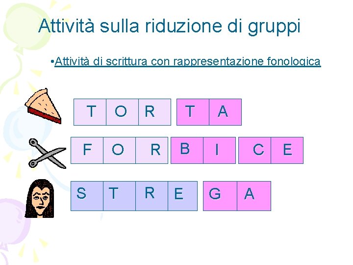 Attività sulla riduzione di gruppi • Attività di scrittura con rappresentazione fonologica T O