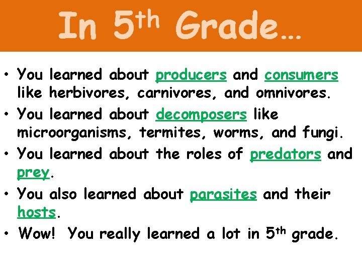 In th 5 Grade… • You learned about producers and consumers like herbivores, carnivores,