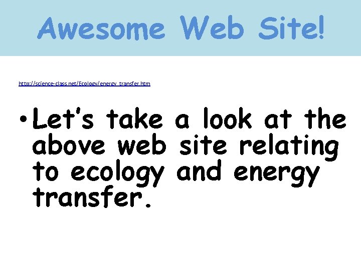 Awesome Web Site! http: //science-class. net/Ecology/energy_transfer. htm • Let’s take a look at the
