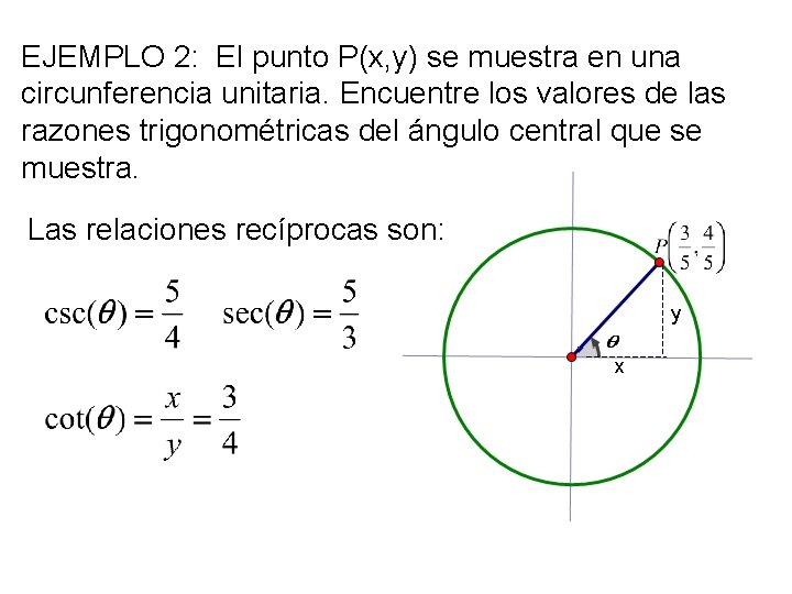 EJEMPLO 2: El punto P(x, y) se muestra en una circunferencia unitaria. Encuentre los