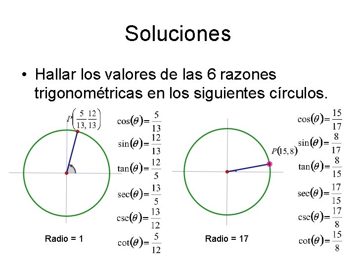 Soluciones • Hallar los valores de las 6 razones trigonométricas en los siguientes círculos.