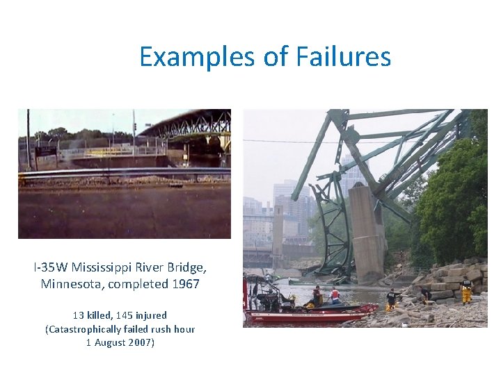 Examples of Failures I-35 W Mississippi River Bridge, Minnesota, completed 1967 13 killed, 145