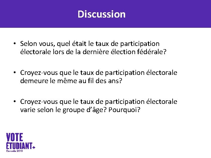 Discussion • Selon vous, quel était le taux de participation électorale lors de la