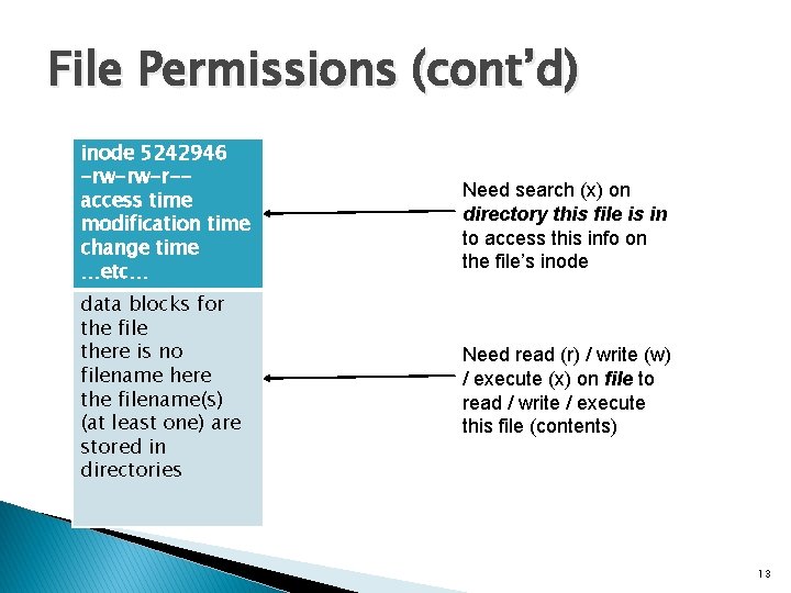 File Permissions (cont’d) inode 5242946 -rw-rw-r-access time modification time change time …etc… data blocks