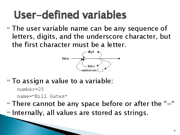 User-defined variables The user variable name can be any sequence of letters, digits, and