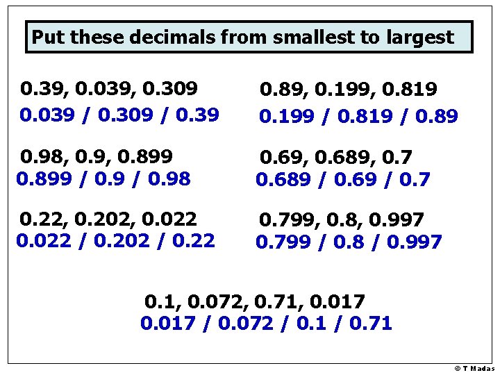 Put these decimals from smallest to largest 0. 39, 0. 039, 0. 309 0.