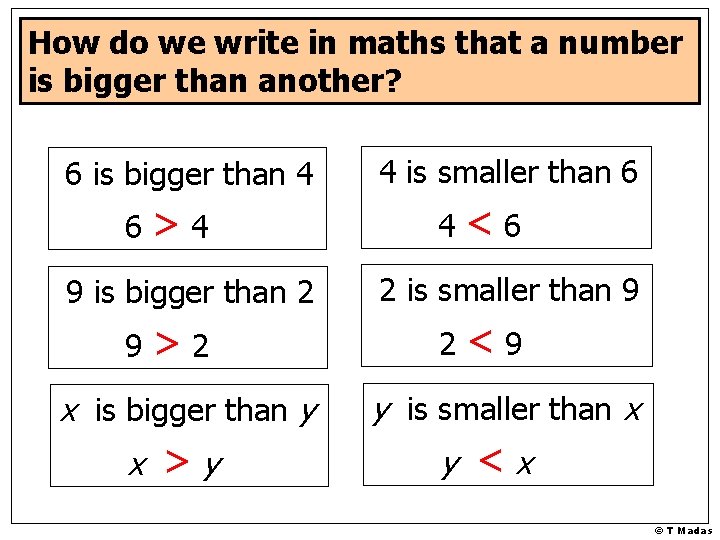 How do we write in maths that a number is bigger than another? 6