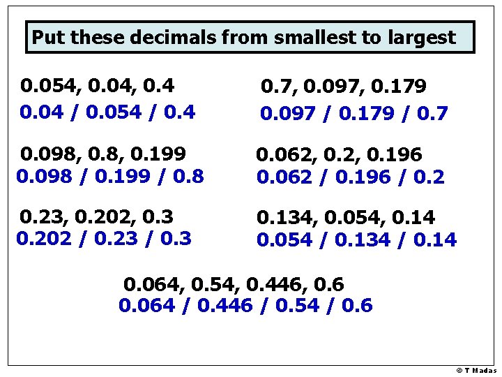 Put these decimals from smallest to largest 0. 054, 0. 04, 0. 4 0.
