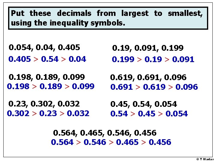 Put these decimals from largest to smallest, using the inequality symbols. 0. 054, 0.