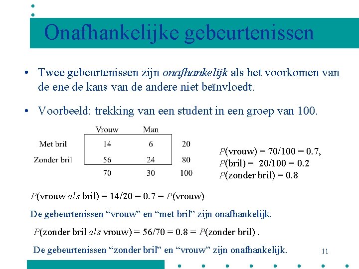 Onafhankelijke gebeurtenissen • Twee gebeurtenissen zijn onafhankelijk als het voorkomen van de ene de