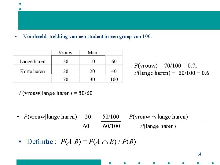  • Voorbeeld: trekking van een student in een groep van 100. P(vrouw) =