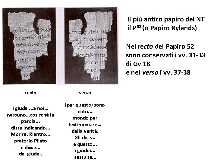 Il più antico papiro del NT il P 52 (o Papiro Rylands) Nel recto