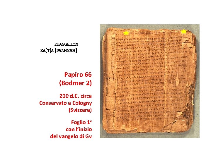 EUAGGELION KA[T]A [IWANNHN] Papiro 66 (Bodmer 2) 200 d. C. circa Conservato a Cologny