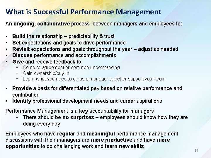 What is Successful Performance Management An ongoing, collaborative process between managers and employees to: