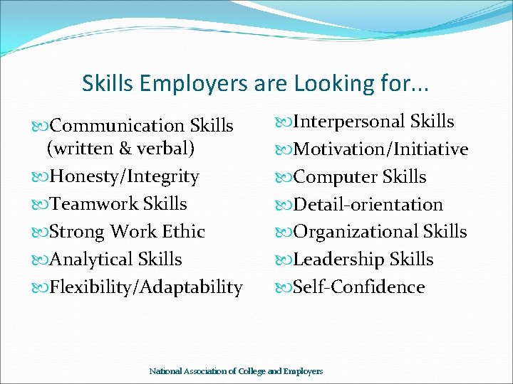 Skills Employers are Looking for. . . Communication Skills (written & verbal) Honesty/Integrity Teamwork