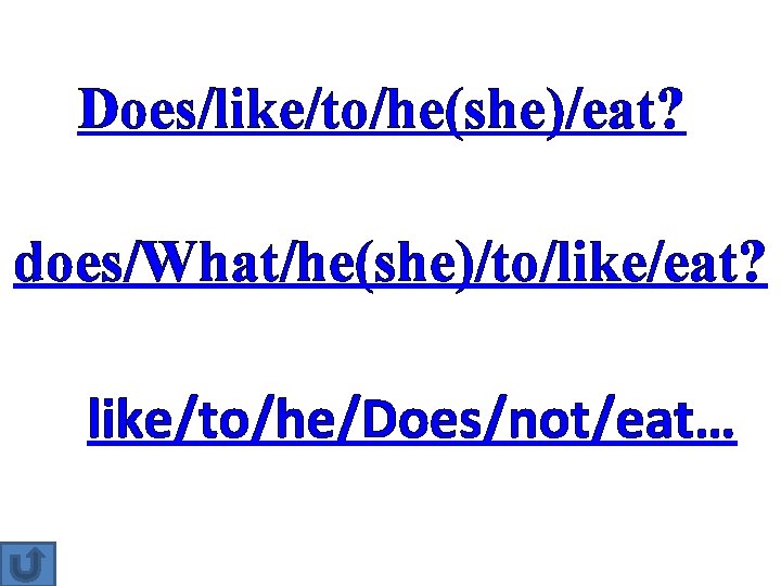 Does/like/to/he(she)/eat? does/What/he(she)/to/like/eat? like/to/he/Does/not/eat… 
