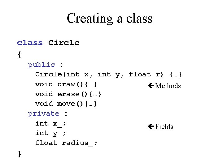 Creating a class Circle { public : Circle(int x, int y, float r) {…}