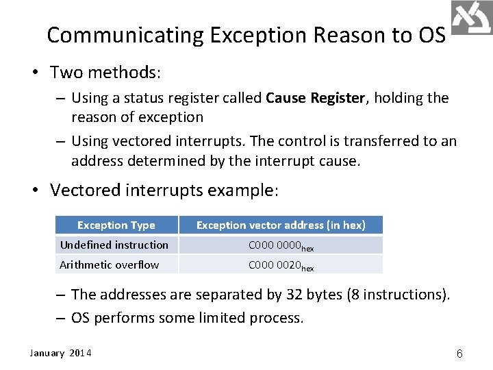 Communicating Exception Reason to OS • Two methods: – Using a status register called