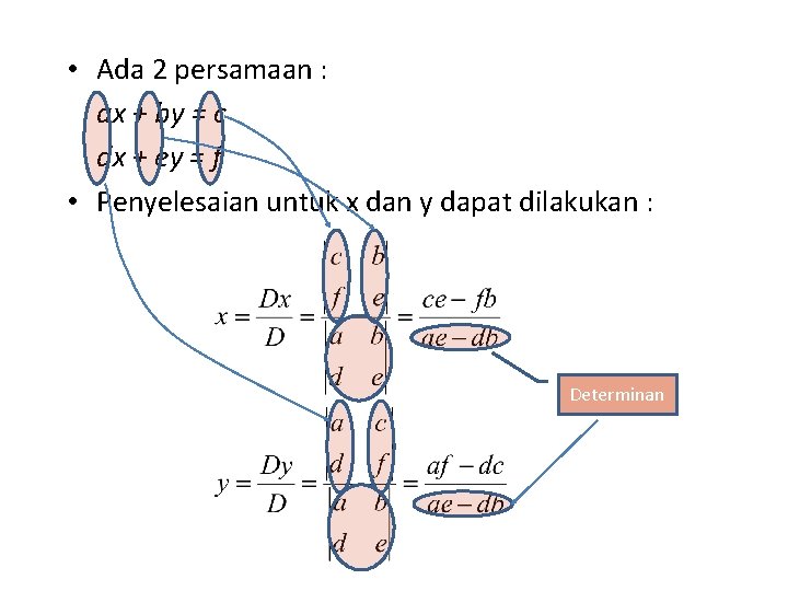  • Ada 2 persamaan : ax + by = c dx + ey