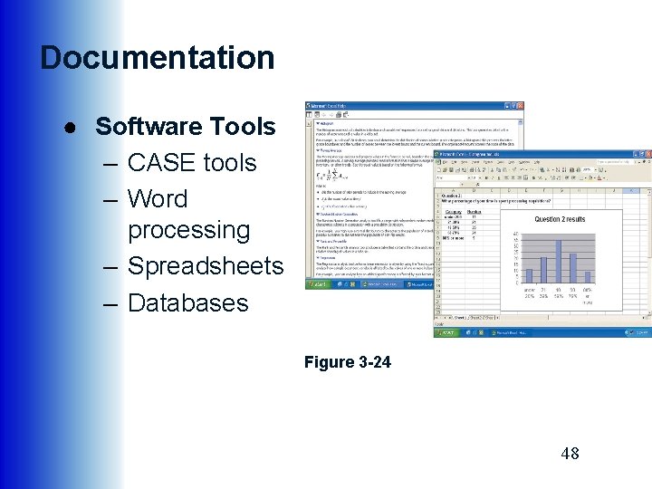 Documentation ● Software Tools – CASE tools – Word processing – Spreadsheets – Databases