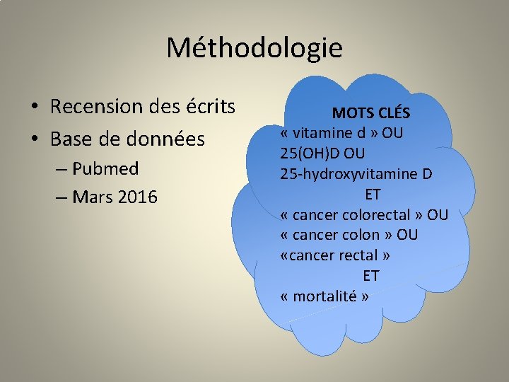 Méthodologie • Recension des écrits • Base de données – Pubmed – Mars 2016