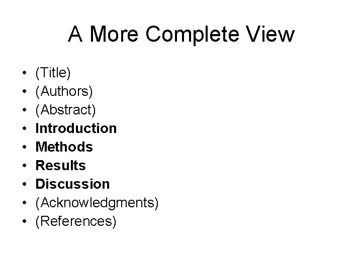 A More Complete View • • • (Title) (Authors) (Abstract) Introduction Methods Results Discussion