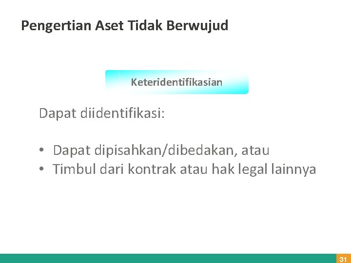 Pengertian Aset Tidak Berwujud Keteridentifikasian Dapat diidentifikasi: • Dapat dipisahkan/dibedakan, atau • Timbul dari