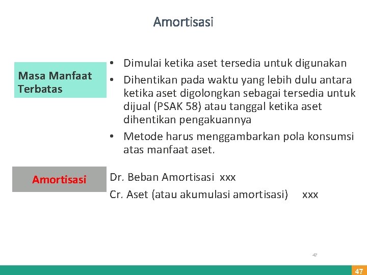 Amortisasi Masa Manfaat Terbatas Amortisasi • Dimulai ketika aset tersedia untuk digunakan • Dihentikan