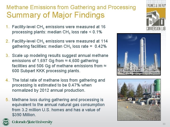 Methane Emissions from Gathering and Processing Summary of Major Findings 1. Facility-level CH 4